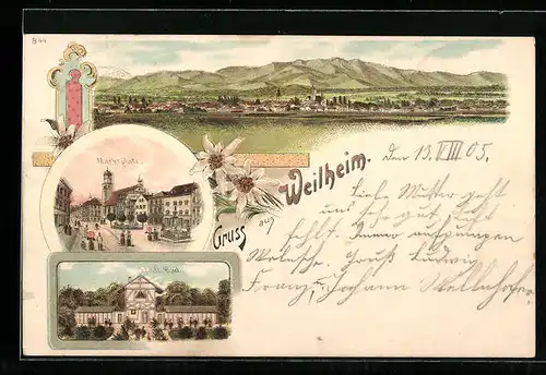 Lithographie Weilheim, Ortspanorama, Marktplatz und Städtisches Bad