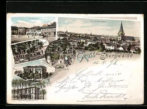 Lithographie Eberswalde, Panorama, Markt, Kurhaus Gesundbrunnen