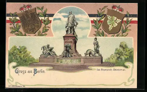 Lithographie Berlin, Bismarck-Denkmal, Wappen