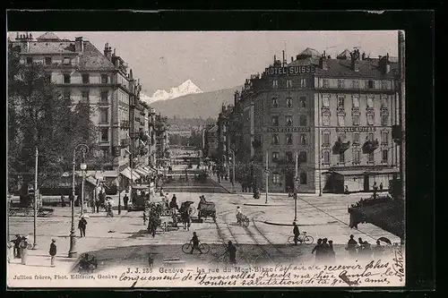 AK Genève, La rue du Mont-Blanc, Strassenbahn