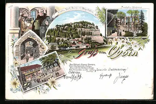 Lithographie Oybin, Gasthaus Gesellschaftsplatz, Friedrhof und Kirchruine