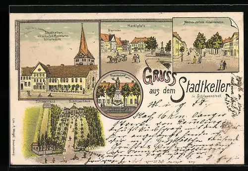 Lithographie Schöppenstedt, Marktplatz, Wilhelmstrasse, Gasthaus Stadtkeller, Schützenhaus mit Schiessstand