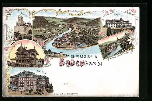 Lithographie Baden, Totalansicht, Schartenfels, Casino, Partie am Limmat, Grand Hotel