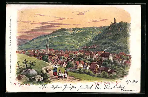 Künstler-AK Friedrich Perlberg: Geislingen a. St., Ortsansicht aus der Vogelschau, mit Mädchengruppe in Tracht