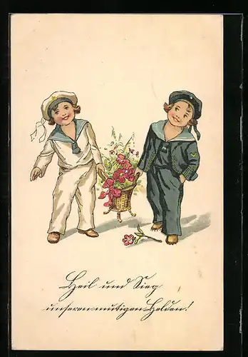 AK Zwei kleine Matrosen tragen einen Blumenkorb
