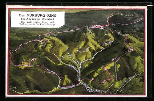 Künstler-AK Adenau im Rheinland, Der Nürnburg-Ring, Autorennen