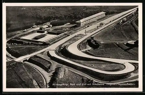 AK Nürburg, Nürburgring, Start und Ziel mit Nordkehre, Fliegeraufnahme, Autorennen