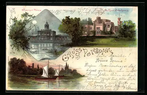 Lithographie Potsdam, Marmor Palais, Pfaueninsel, Schloss Babelsberg