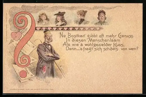 Lithographie `Ne Bostkart` gibbt oft mehr Genuss ... Rätselkarte, Ansichtskartengeschichte