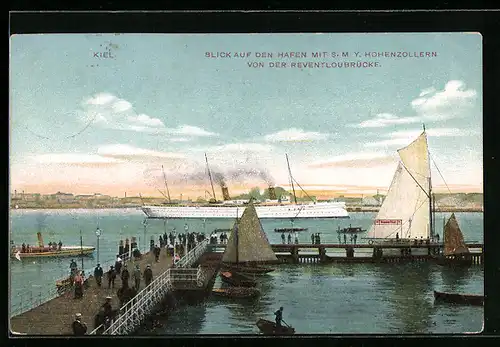 AK Kiel, Blick auf den Hafen mit S. M. Y. Hohenzollern von der Reventloubrücke