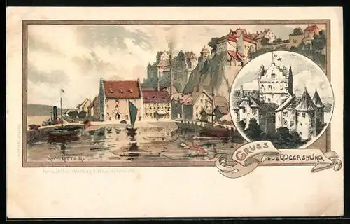 Künstler-AK Karl Mutter: Meersburg, Ortspartie mit Hafen, Schloss