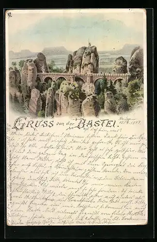 Lithographie Bastei, Blick auf Basteibrücke und Landschaft der Sächsischen Schweiz