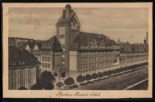 AK Pforzheim, Friedrich-Schule aus der Vogelschau