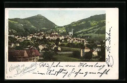 Künstler-AK Lichtensteig, Generalansicht der Stadt mit der Kirche am Stadtrand