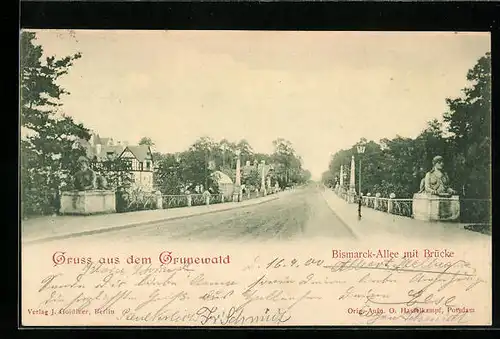 AK Berlin-Grunewald, Bismarck-Allee mit Brücke