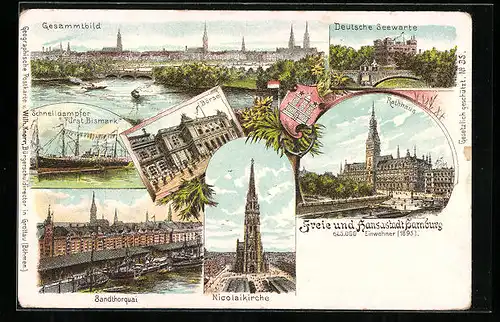 Lithographie Hamburg, Rathaus, Sandthorquai, Dampfer Fürst Bismarck