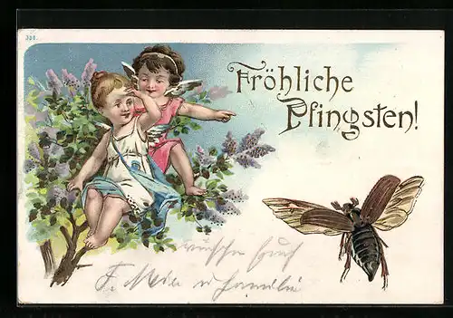 Lithographie Pfingstgruss mit Engeln und Maikäfern