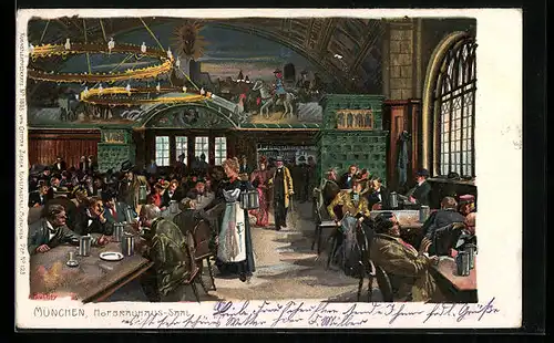 Künstler-Lithographie Paul Hey: München, Gasthof Münchner Hofbräuhaus, Saal