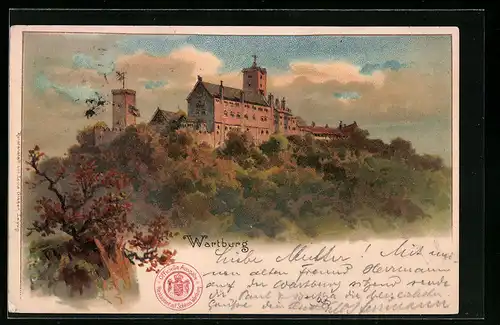 Lithographie Eisenach, Blick auf Wartburg