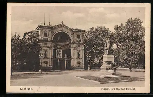 AK Karlsruhe, Festhalle und Bismarck-Denkmal