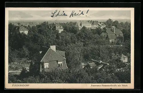 AK Fredersdorf, Panorama Platanen-Strasse mit Schule