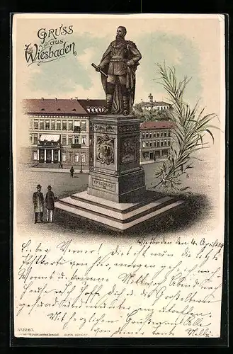 Lithographie Wiesbaden, Partie am Friedrich III.-Denkmal