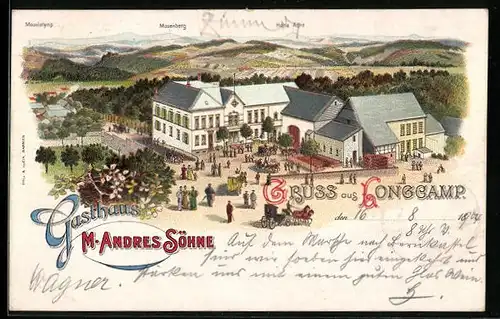 Lithographie Longcamp, Gasthaus M. Andres Söhne, Blick zur hohen Acht