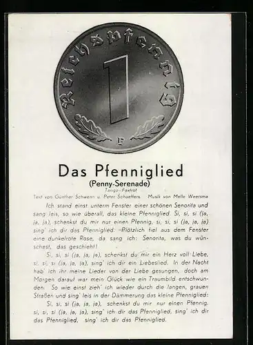 AK Das Pfenniglied, Ich stand einst unterm Fenster..., 1 Reichspfennig