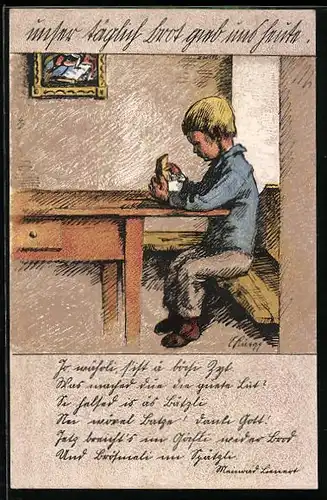 AK Zürich, Kind sitzt mit Brot und Milch am Tisch, Kriegsnotunterstützung der Stadt Zürich
