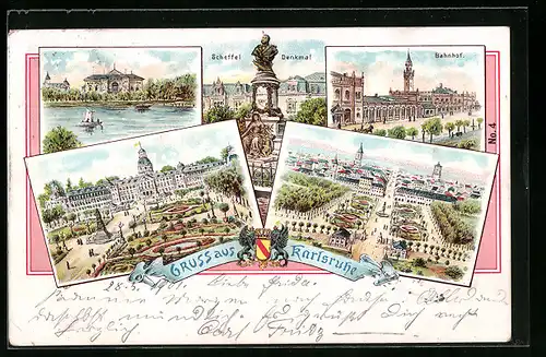 Lithographie Karlsruhe, Bahnhof, Scheffel-Denkmal, Schloss mit Garten