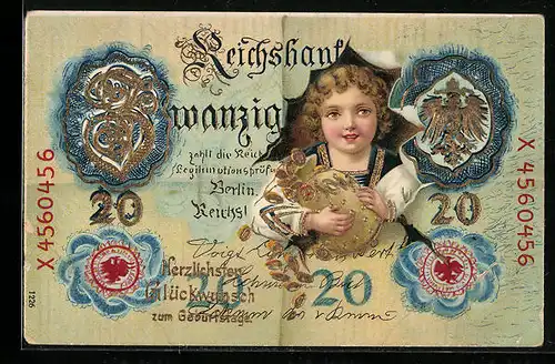 AK Reichsbank Zwanzig Mark, Hübsches Mädchen mit Geldsack