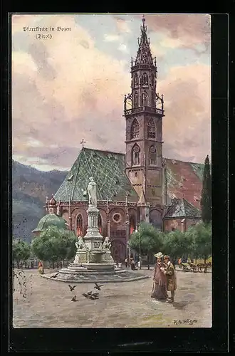 Künstler-AK Rudolf Alfred Höger: Bozen, Pfarrkirche mit Denkmal