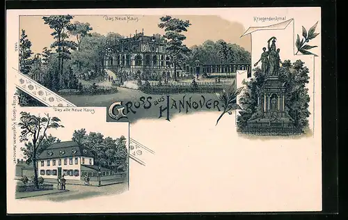 Lithographie Hannover, Neues Haus und altes Neues Haus, Kriegerdenkmal