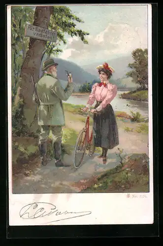 Lithographie Frau schiebt ihr Fahrrad neben einem Jäger her