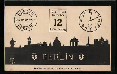 Künstler-AK Berlin, Stadtsilhouette, Kalenderblatt und Uhr, 12.12.12