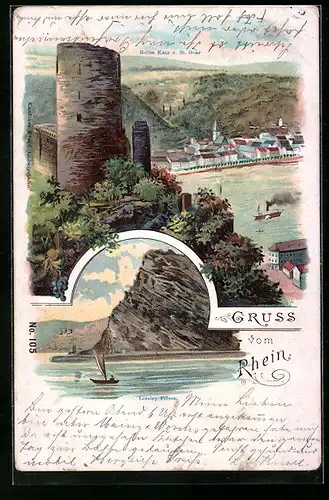 Lithographie St. Goar, Burgruine Katz, Loreley Felsen