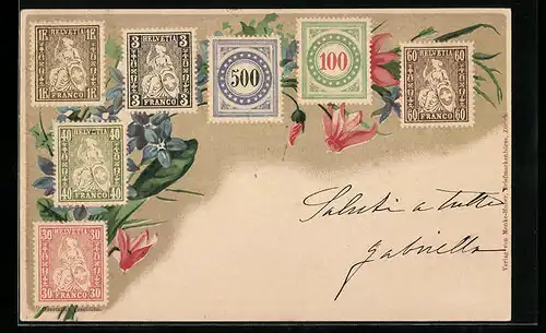 Lithographie Schweiz, Briefmarken und Blumen