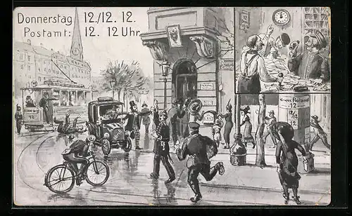AK Strassenszene mit Schlange und eilenden Passanten vor einem Postamt, Datum: 12.12.12, Zeit: 12 Uhr 12