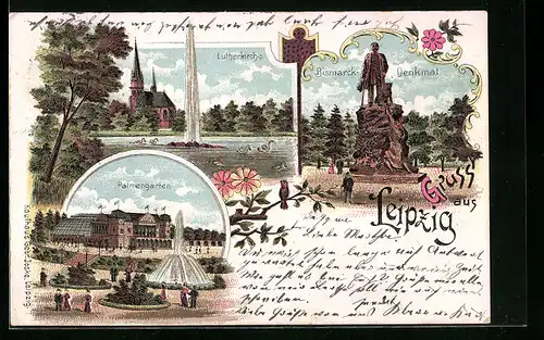 Lithographie Leipzig, Palmengarten, Lutherkirche, Bismarck-Denkmal