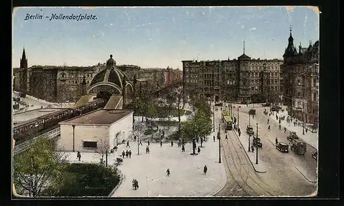 AK Berlin-Schöneberg, Passanten auf dem Nollendorfplatz, Strassenbahnen am Bahnhof der U-Bahn