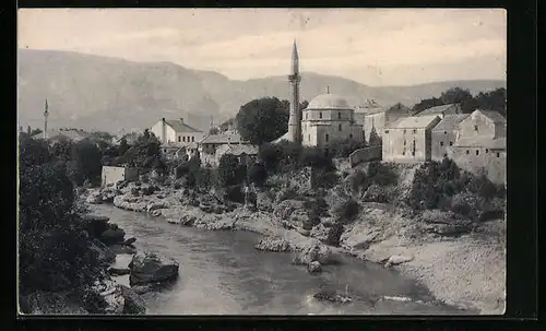 AK Mostar, Ortspanorama mit Moschee