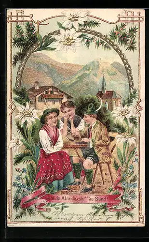 Passepartout-Lithographie Auf da Alm da gibts ka Sünd!, Bursche spielt Zither