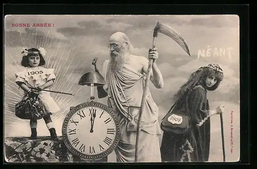 AK Jahreszahlen 1904 & 1905, Mädchen und Fräulein mit Taschen, Mann mit Sense und Hammer an einer Uhr