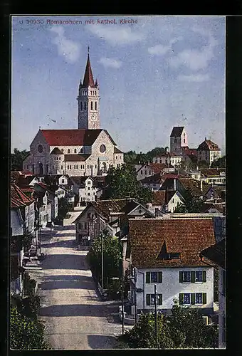 AK Romanshorn, Strassenpartie mit katholischer Kirche