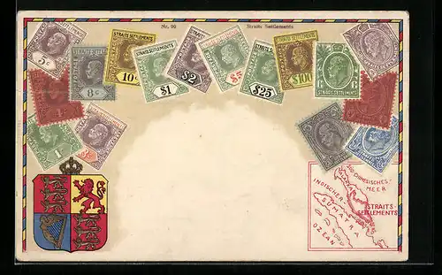 AK Straits-Settlements, Briefmarken und Wappen mit Krone, Landkarte