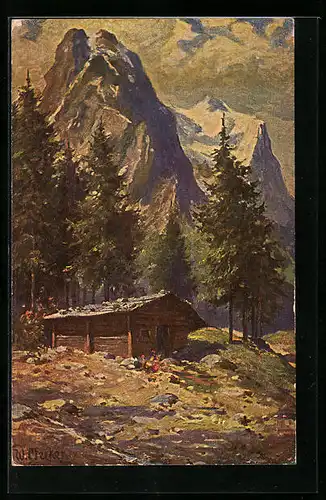 Ölgemälde-Imitations-AK Imita / A.S.-M. Leipzig Nr. 601: Berglandschaft mit einem Holzhaus