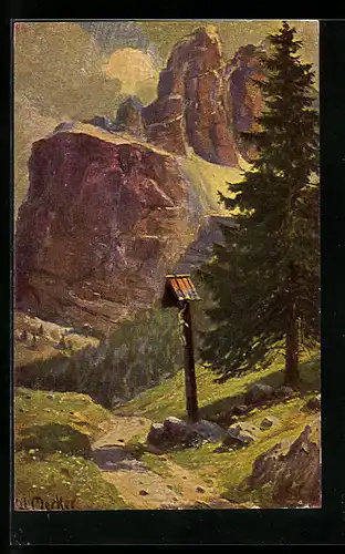 Ölgemälde-Imitations-AK Imita / A.S.-M. Leipzig Nr. 602: Berglandschaft mit Flurkreuz