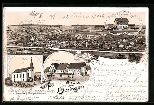 Lithographie Bieringen, Ortsansicht, Bahnhof, Kirche, Gasthaus z. Hirsch v. F. Schwarz