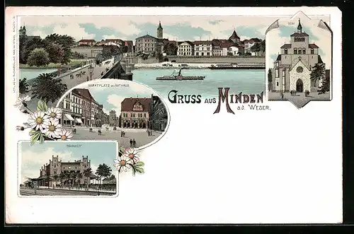 Lithographie Minden a. d. Weser, Marktplatz mit Rathaus, Bahnhof, Dom