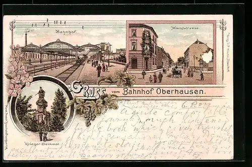 Lithographie Oberhausen, Bahnhof, Marktstrasse, Krieger-Denkmal